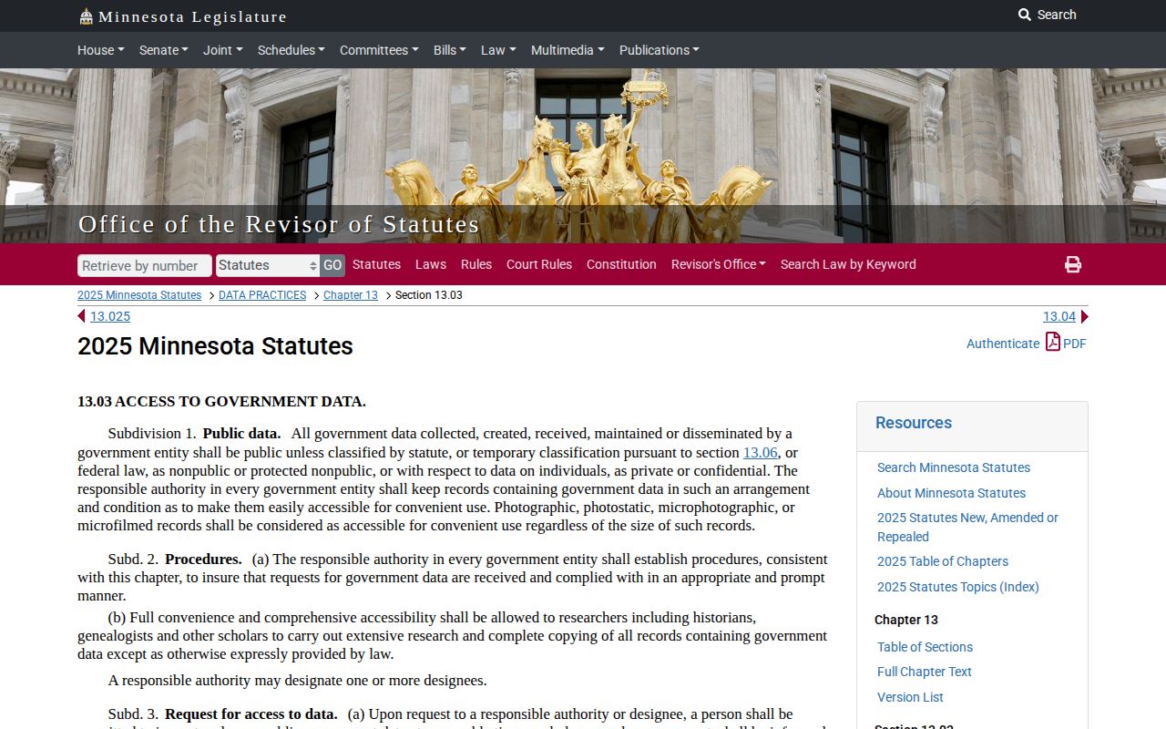 Minnesota Statutes section 13.03 public-data access page