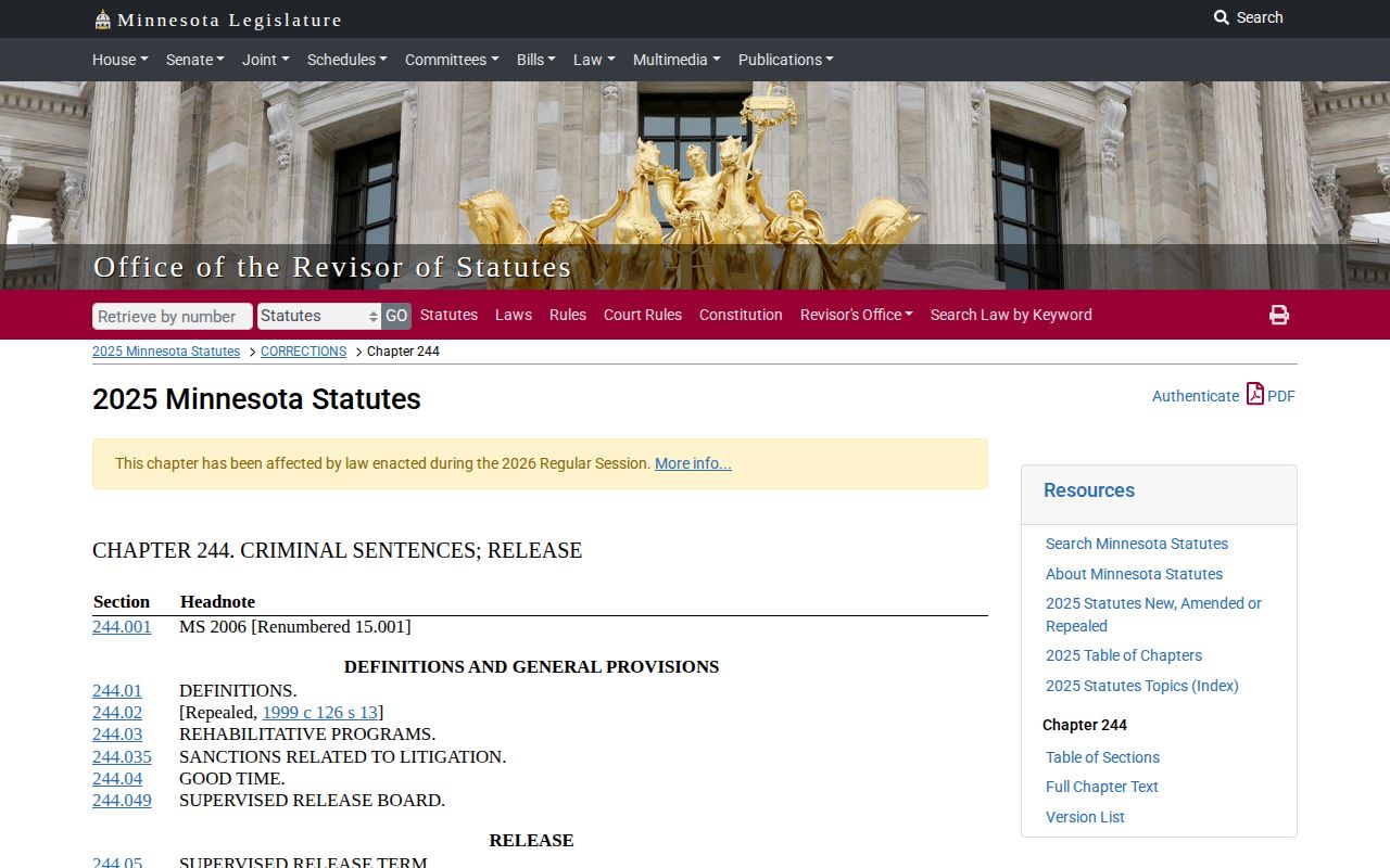 Minnesota corrections law governing Chippewa County projected release dates