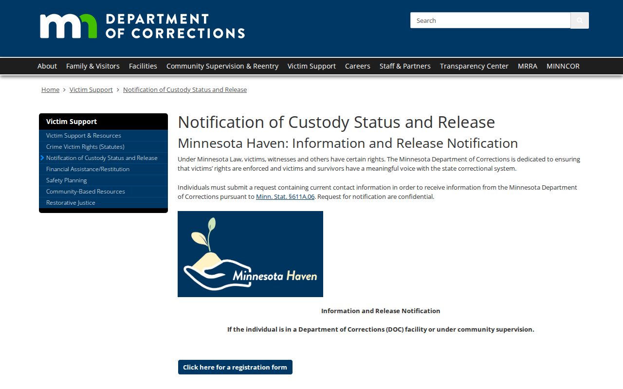 Minnesota HAVEN state prison release notification information for Chippewa County cases
